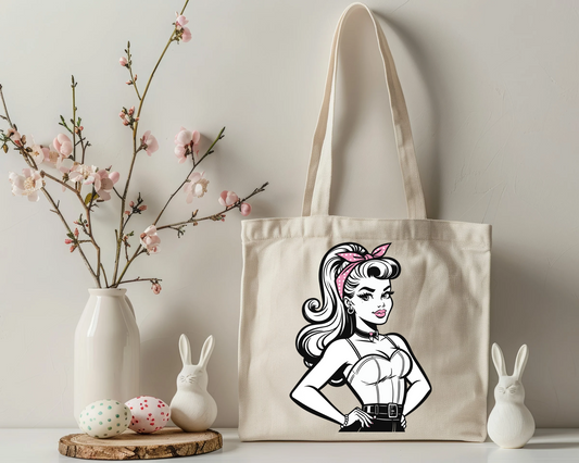 Retro Chic Cotton Tote Bag with Vintage Glam Girl Design